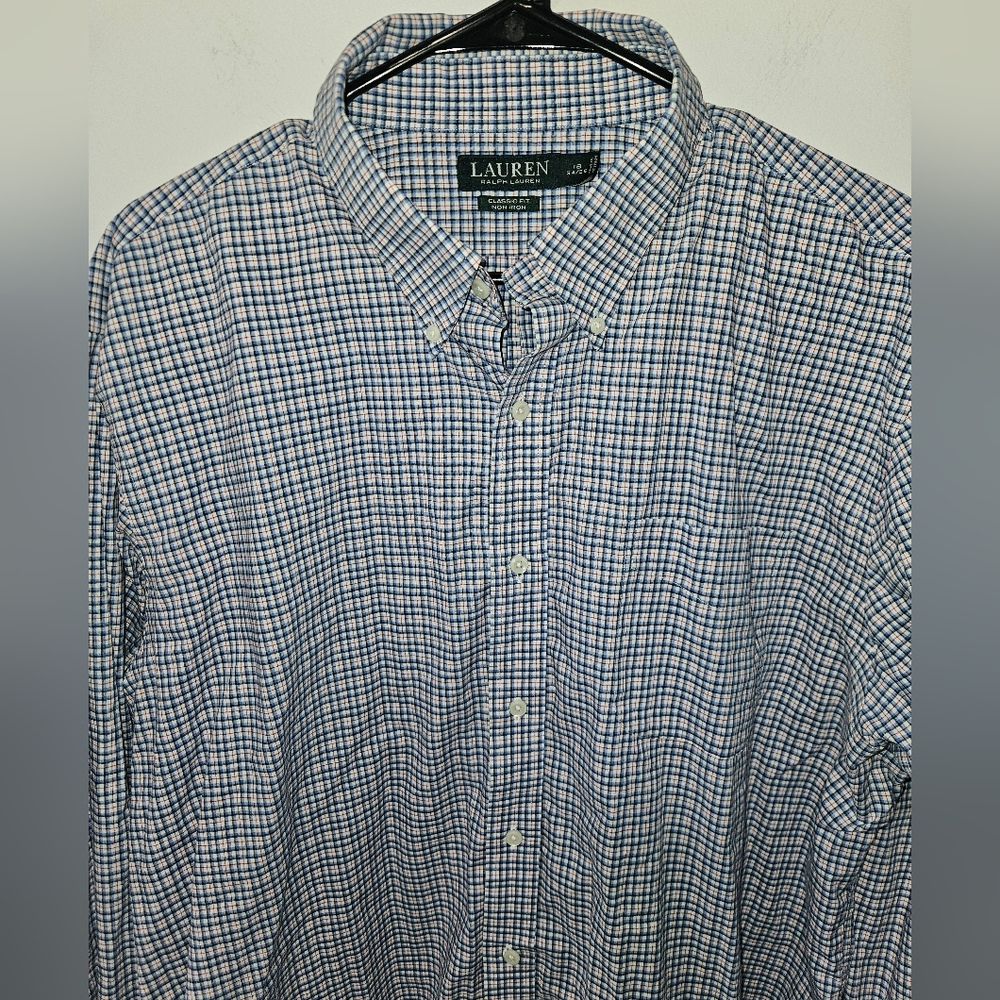 Lauren Ralph Lauren Classic Fit No Iron Navy White Check Button Up Shirt Size 18